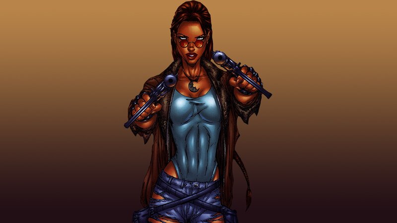 Woman Holding Two Guns — Brown, Dramatic, Comic