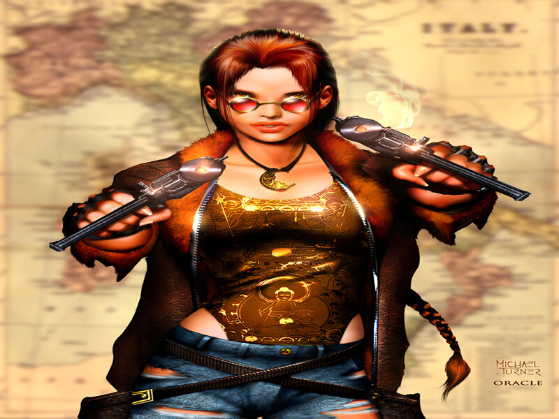 Woman Holding Two Guns — Brown