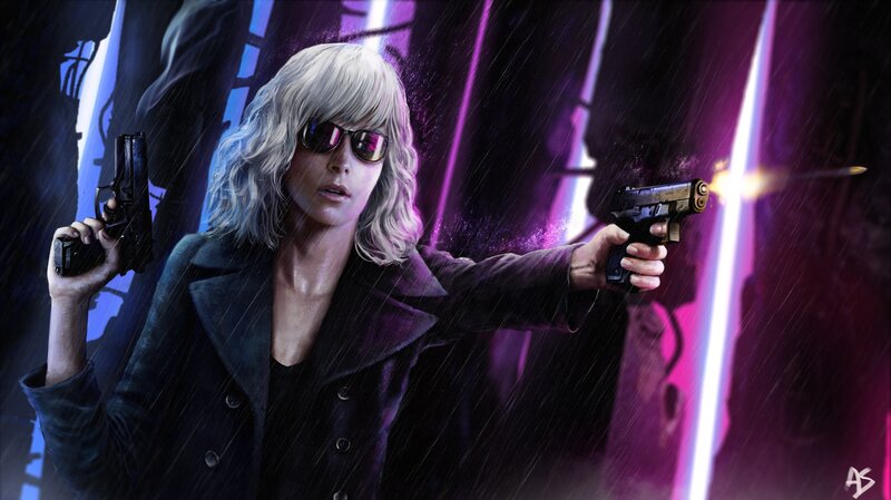 Woman Holding Two Guns — Purple, Dramatic, Night