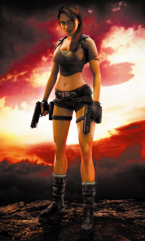 Woman Holding Two Guns — Red, Dramatic, Sunset