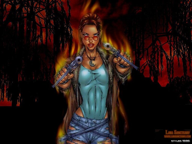 Woman Holding Two Guns — Red