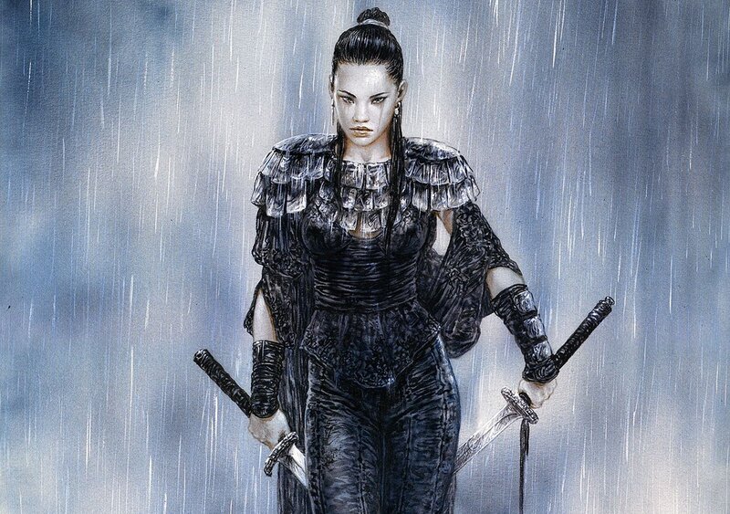 Woman Holding Two Swords — Black, Dramatic