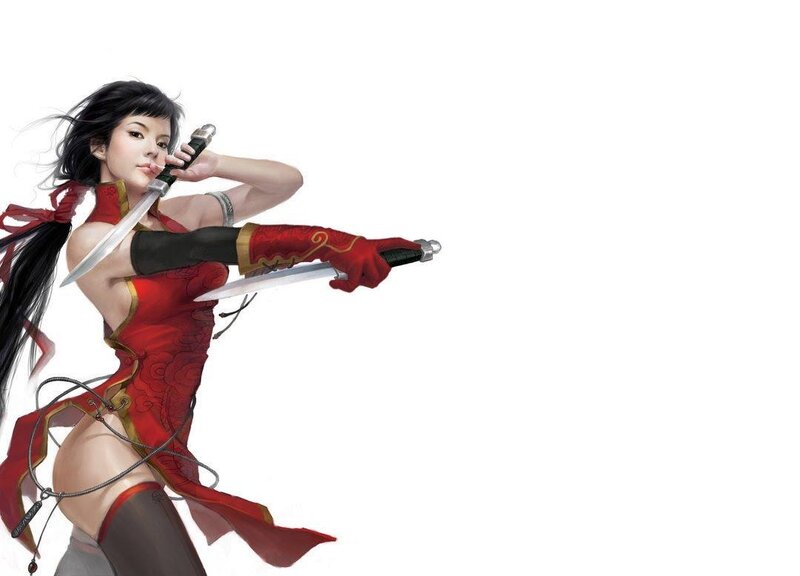 Woman Holding Two Swords — Red, Action