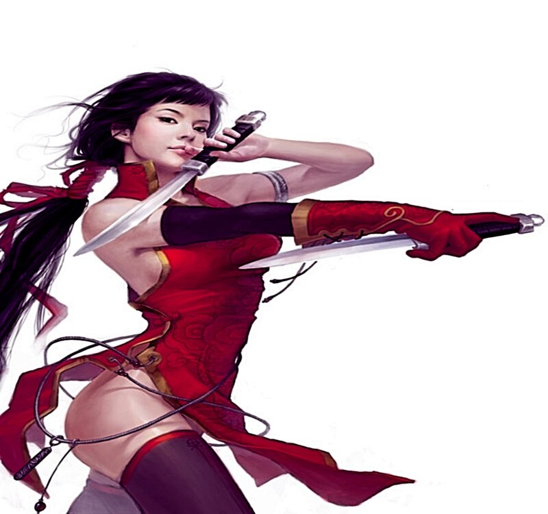 Woman Holding Two Swords — Red, Dramatic, Digital Art, Red Outfit