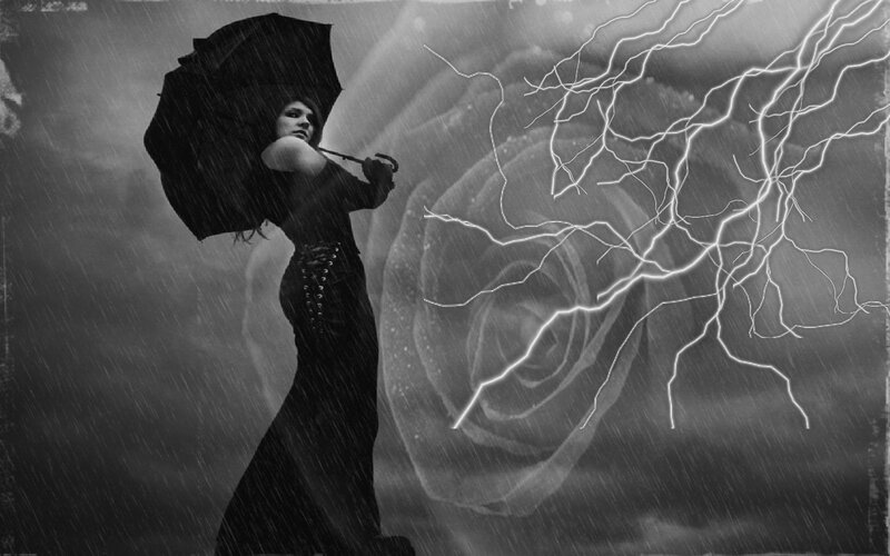 Woman Holding Umbrella — Black, Dramatic, Night, Digital Art