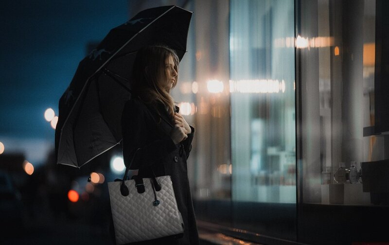 Woman Holding Umbrella — Black, Dramatic, Night, Photograph, Handbag