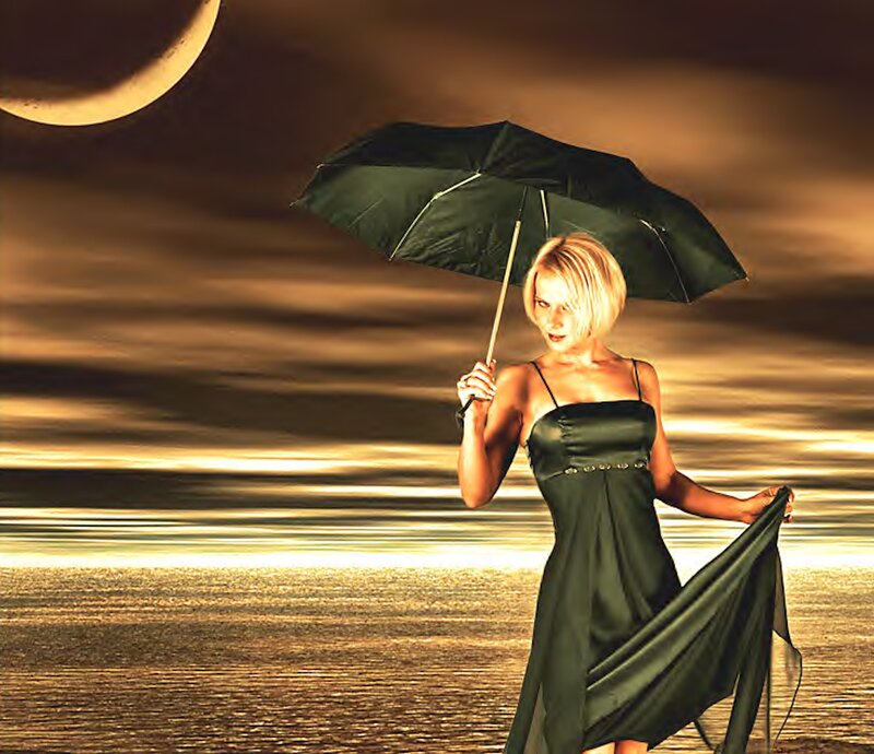Woman Holding Umbrella — Black, Dramatic, Night, Photograph