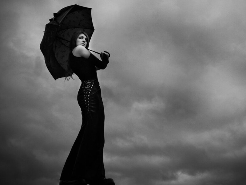 Woman Holding Umbrella — Black, Dramatic, Photograph, Dress