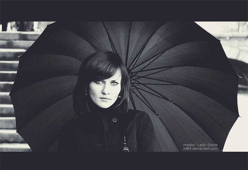 Woman Holding Umbrella — Black, Dramatic, Photograph, Stairs