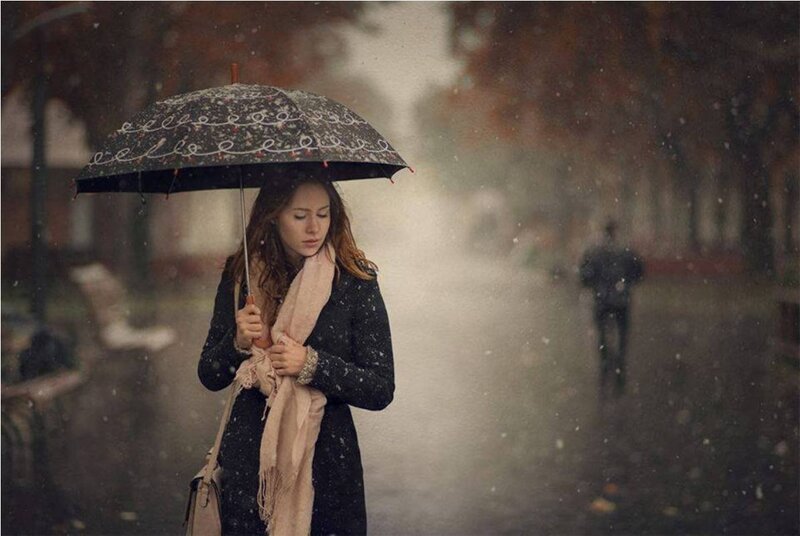 Woman Holding Umbrella — Black, Melancholic, Autumn