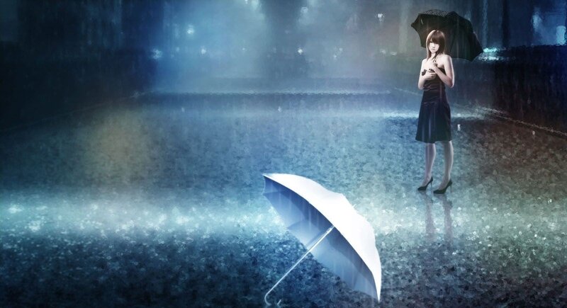 Woman Holding Umbrella — Blue, Dramatic, Night, Digital Art, Rain, Street