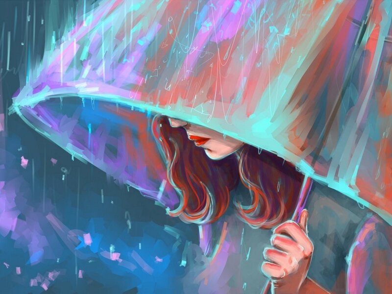 Woman Holding Umbrella — Blue, Dramatic, Night, Digital Art, Rain