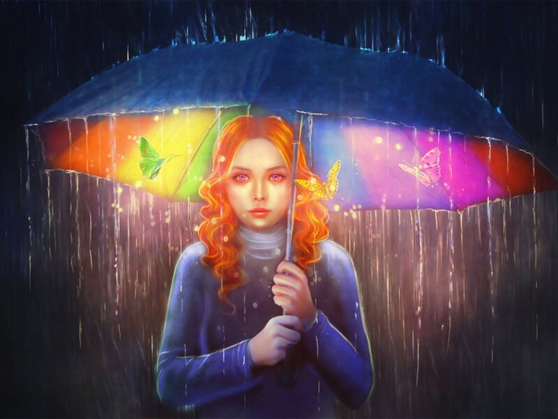 Woman Holding Umbrella — Blue, Dramatic, Night, Digital Art