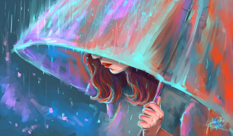 Woman Holding Umbrella — Blue, Dramatic, Night
