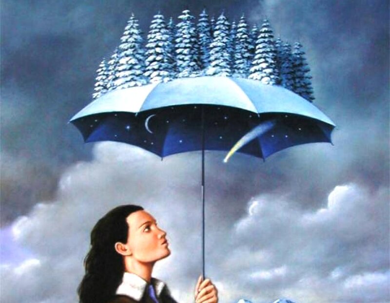 Woman Holding Umbrella — Blue, Dreamy