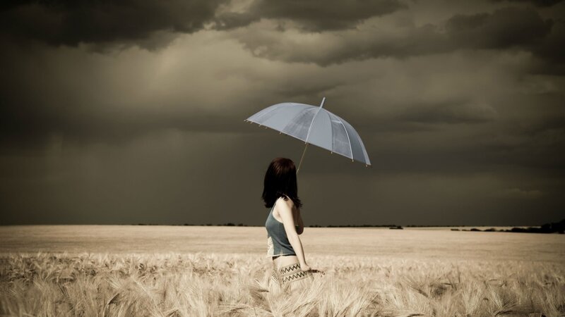 Woman Holding Umbrella — Gray, Dramatic, Afternoon