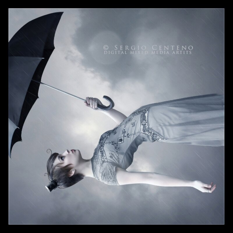 Woman Holding Umbrella — Gray, Dramatic, Digital Art