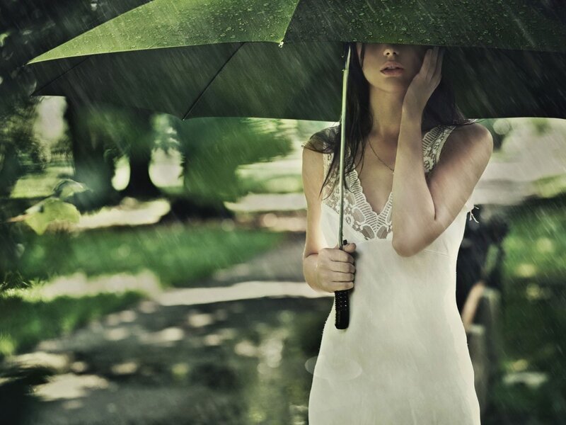 Woman Holding Umbrella — Green, Dramatic, Photograph