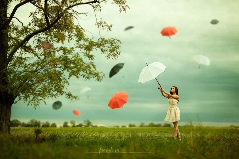 Woman Holding Umbrella — Green, Dreamy, Afternoon