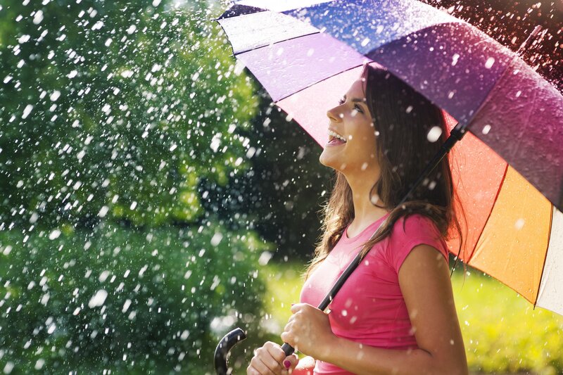 Woman Holding Umbrella — Pink, Joyful