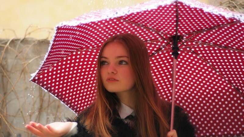 Woman Holding Umbrella — Red, Calm