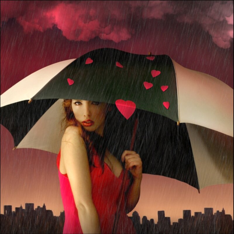 Woman Holding Umbrella — Red, Dramatic, Night, Digital Art