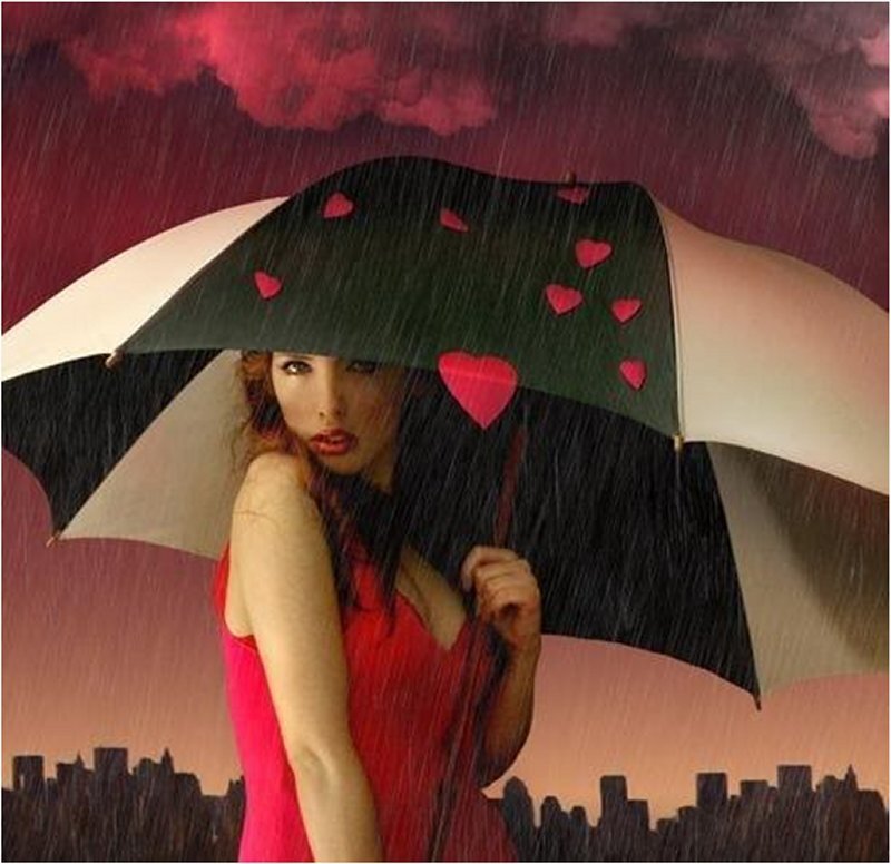 Woman Holding Umbrella — Red, Dramatic, Night