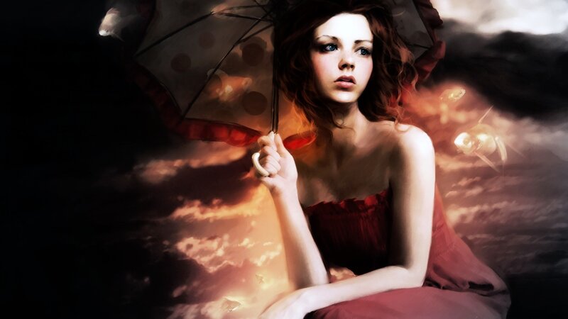 Woman Holding Umbrella — Red, Dramatic