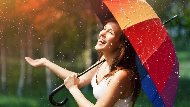 Woman Holding Umbrella — Red, Joyful