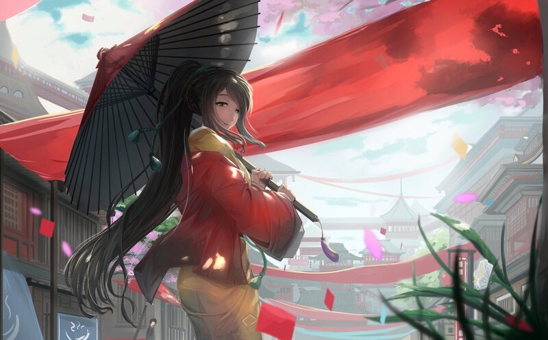 Woman Holding Umbrella — Red, Serene