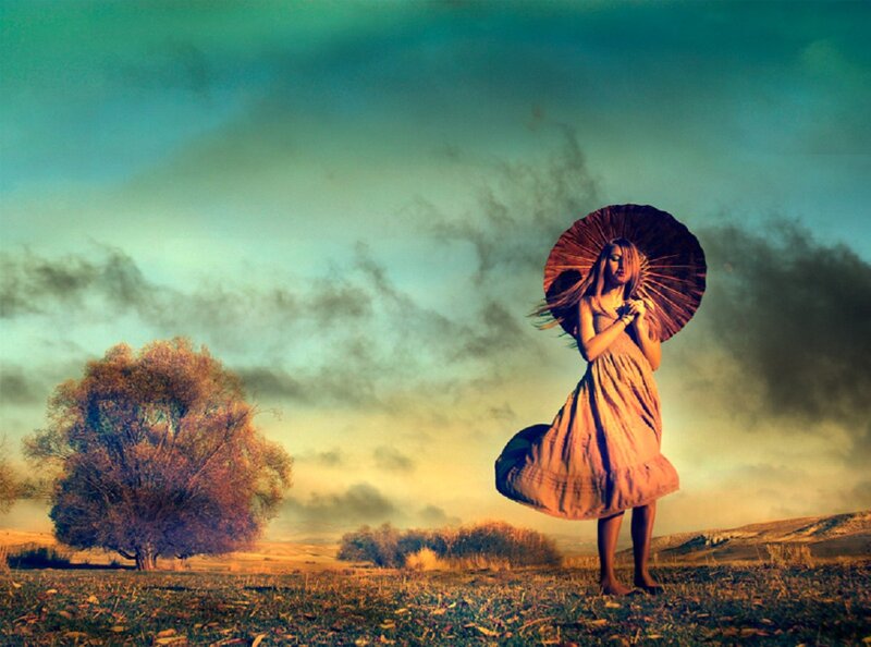 Woman Holding Umbrella — Teal