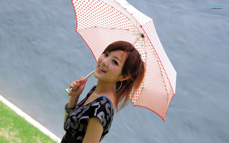 Woman Holding Umbrella — White, Cheerful