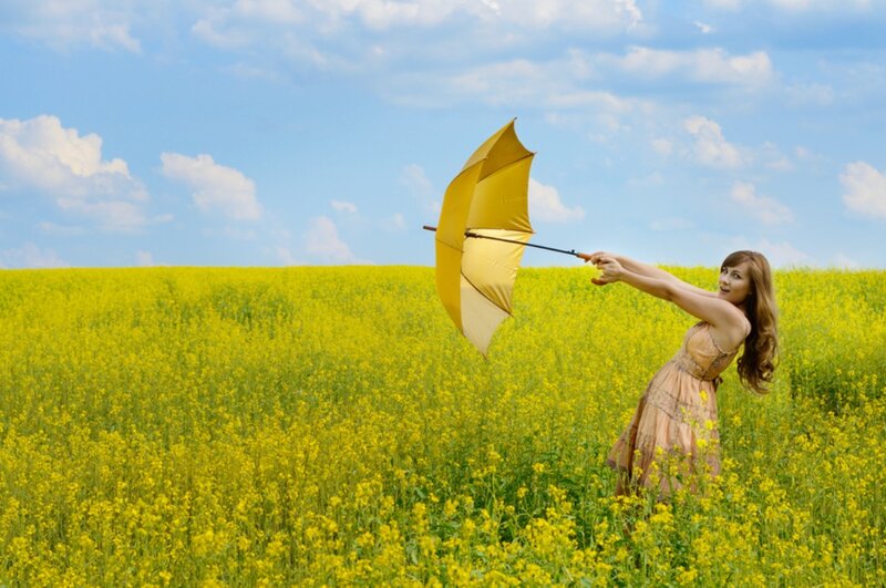 Woman Holding Umbrella — Yellow, Serene