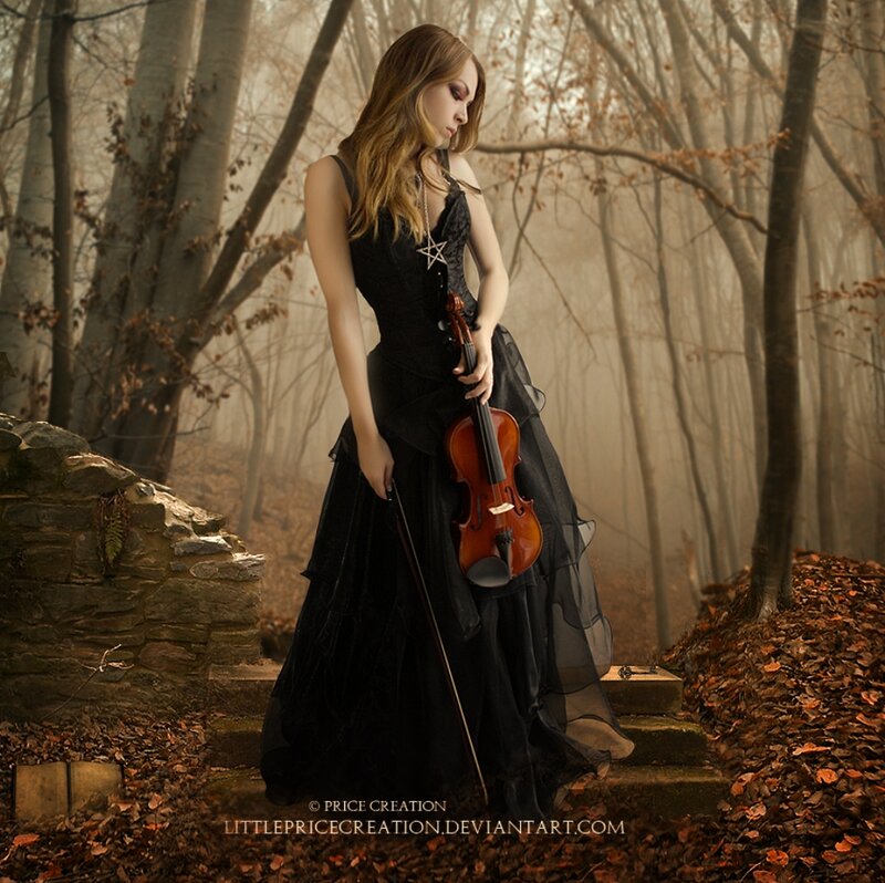 Woman Holding Violin — Black, Dramatic, Autumn