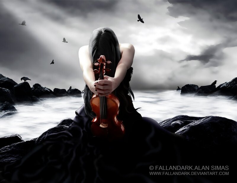 Woman Holding Violin — Black, Dramatic, Digital Art, Birds