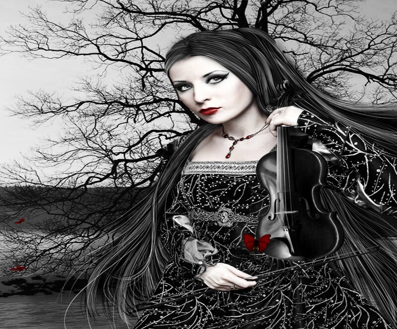 Woman Holding Violin — Black, Dramatic, Digital Art