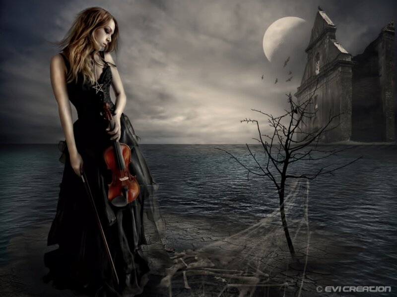 Woman Holding Violin — Black, Dramatic, Night