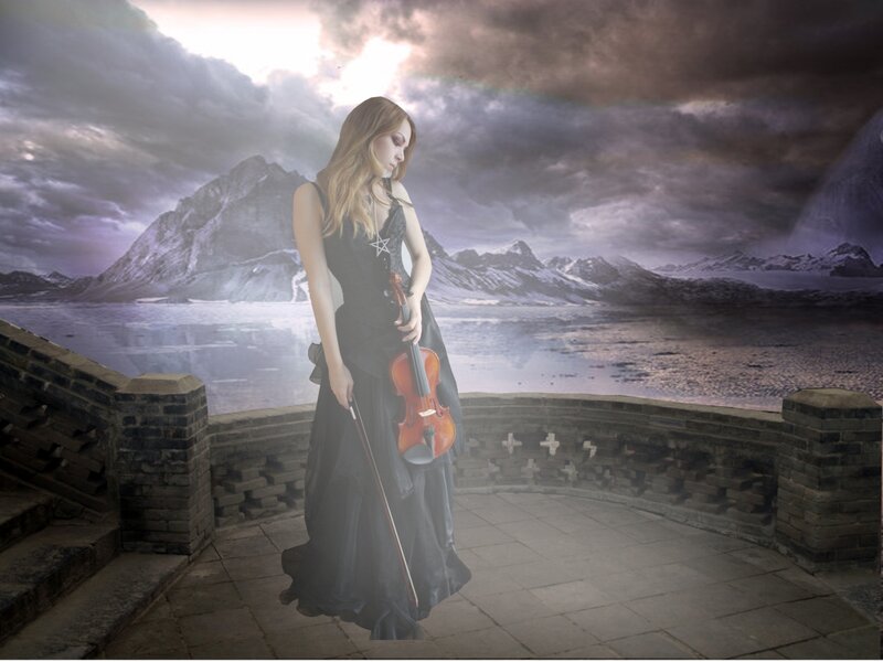 Woman Holding Violin — Black, Dramatic, Sunset