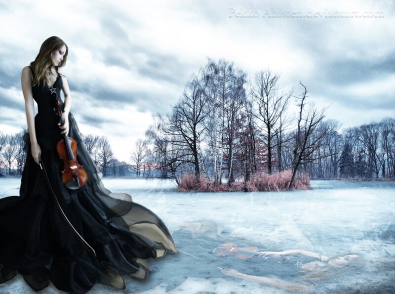 Woman Holding Violin — Black, Dramatic, Winter