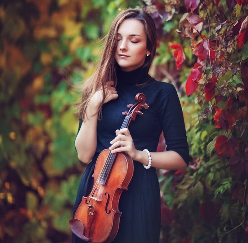 Woman Holding Violin — Black, Serene, Autumn, Photograph