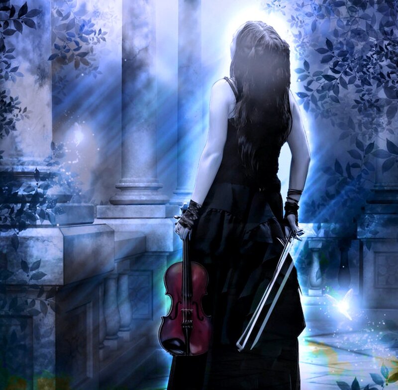 Woman Holding Violin — Blue, Dramatic, Night