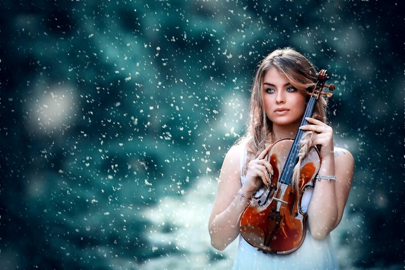 Woman Holding Violin — Blue, Dramatic, Winter