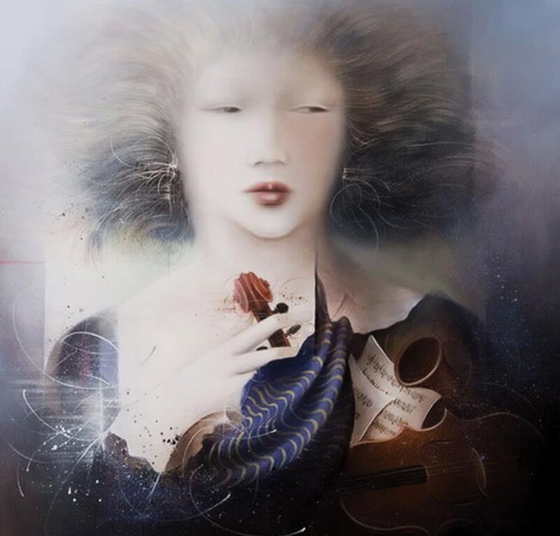 Woman Holding Violin — Blue, Ethereal
