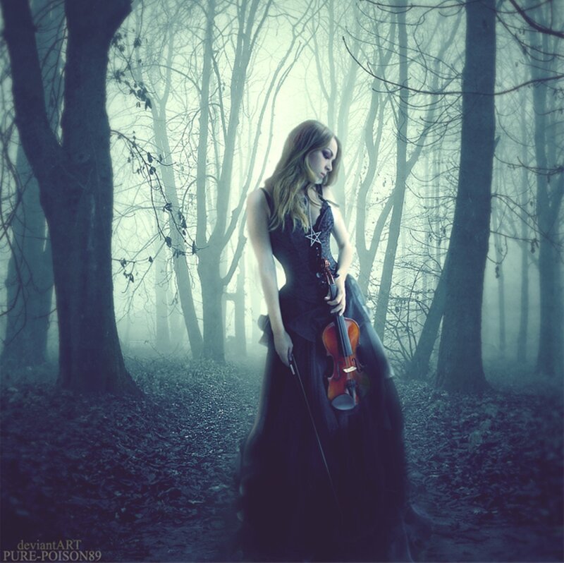 Woman Holding Violin — Blue, Mysterious