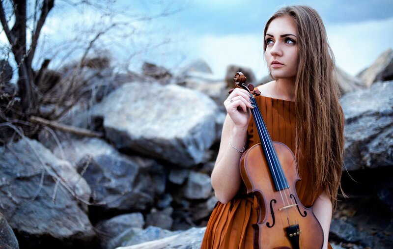 Woman Holding Violin — Brown, Contemplative