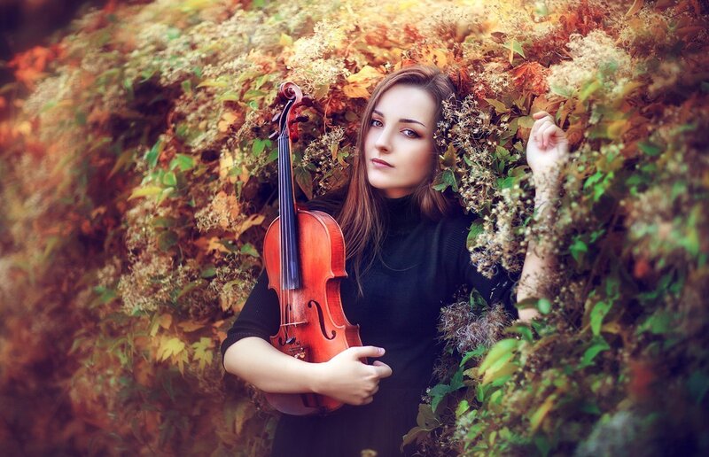 Woman Holding Violin — Brown, Serene, Autumn, Photograph