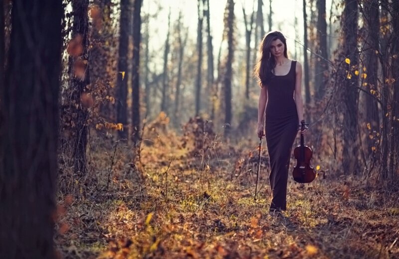 Woman Holding Violin — Brown, Serene