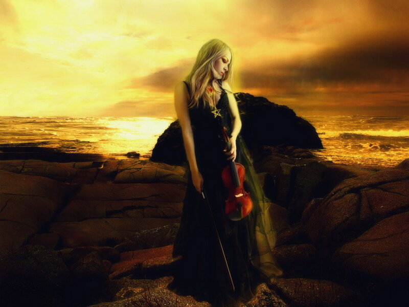 Woman Holding Violin — Gold, Dramatic