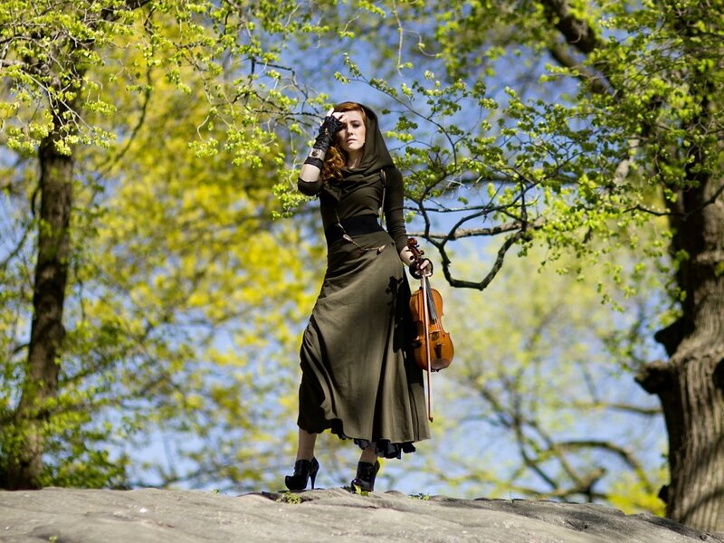 Woman Holding Violin — Green, Dramatic