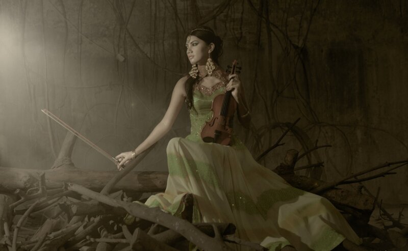 Woman Holding Violin — Green
